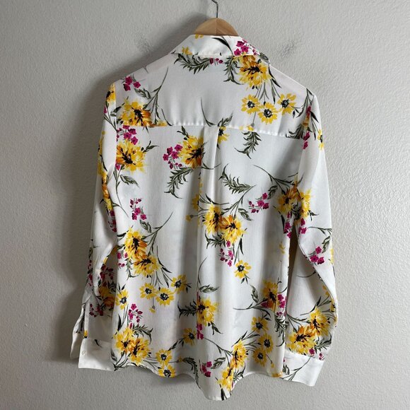 Express Portofino Shirt Womens Medium Floral Button Up Blouse Roll Tab Sleeve - Picture 7 of 8